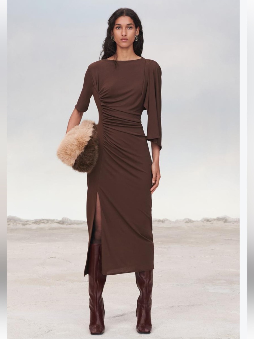 Zara LIMITED EDITION Chocolate Brown Ruched Midi Dress with Side Slit